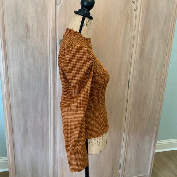 Scotch & Soda Smocked High Neck Top brown check gingham puff sleeve blouse FallS - Picture 4 of 15